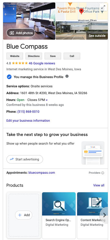 A screenshot of Blue Compass's Google Business Profile 