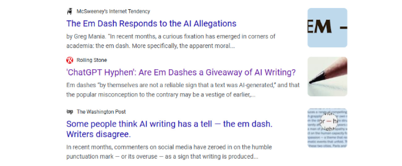 AI Em Dash In The News Screenshot Of Google Search Results Featuring The AI Em Dash In The News.