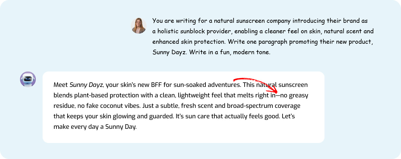 ChatGPT Prompt Ashley Prompts ChatGPT To Write A Paragraph For A Made-Up Sunscreen Company, And ChatGPT Uses An Em Dash.
