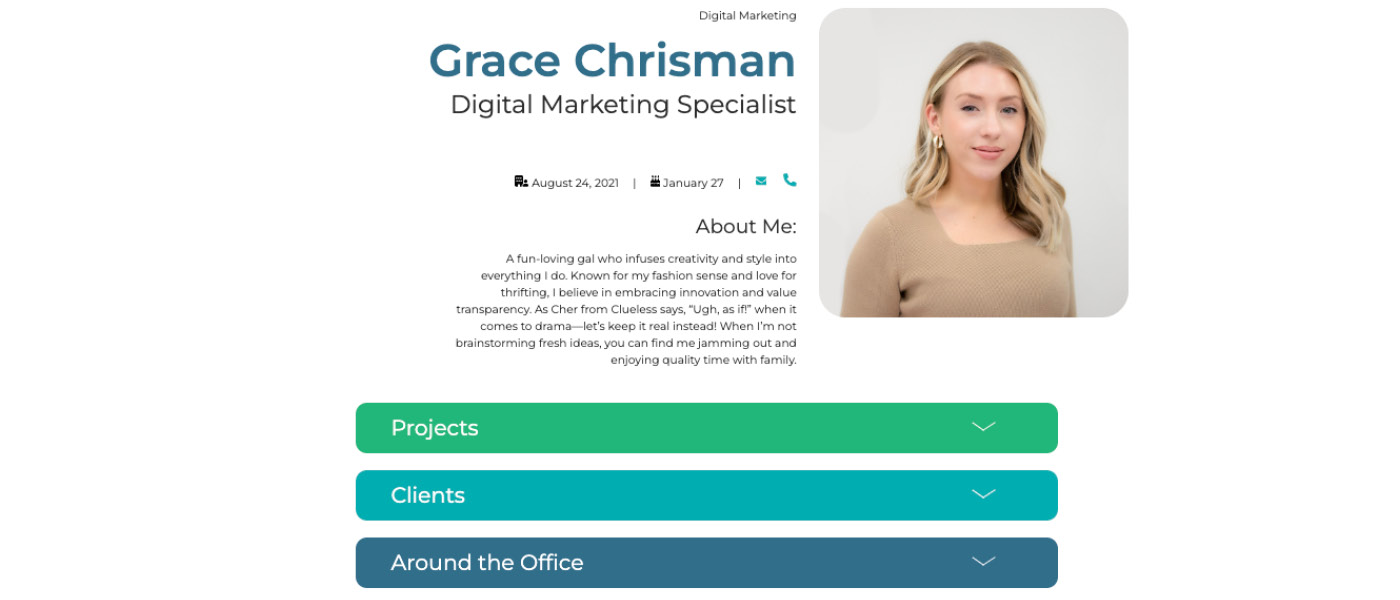 screenshot of Grace Chrisman's company intranet bio page.