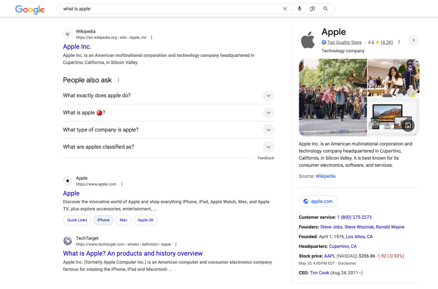 Knowledge Panel Rich Result Google search results for what is apple, featuring a knowledge panel of the company's description.