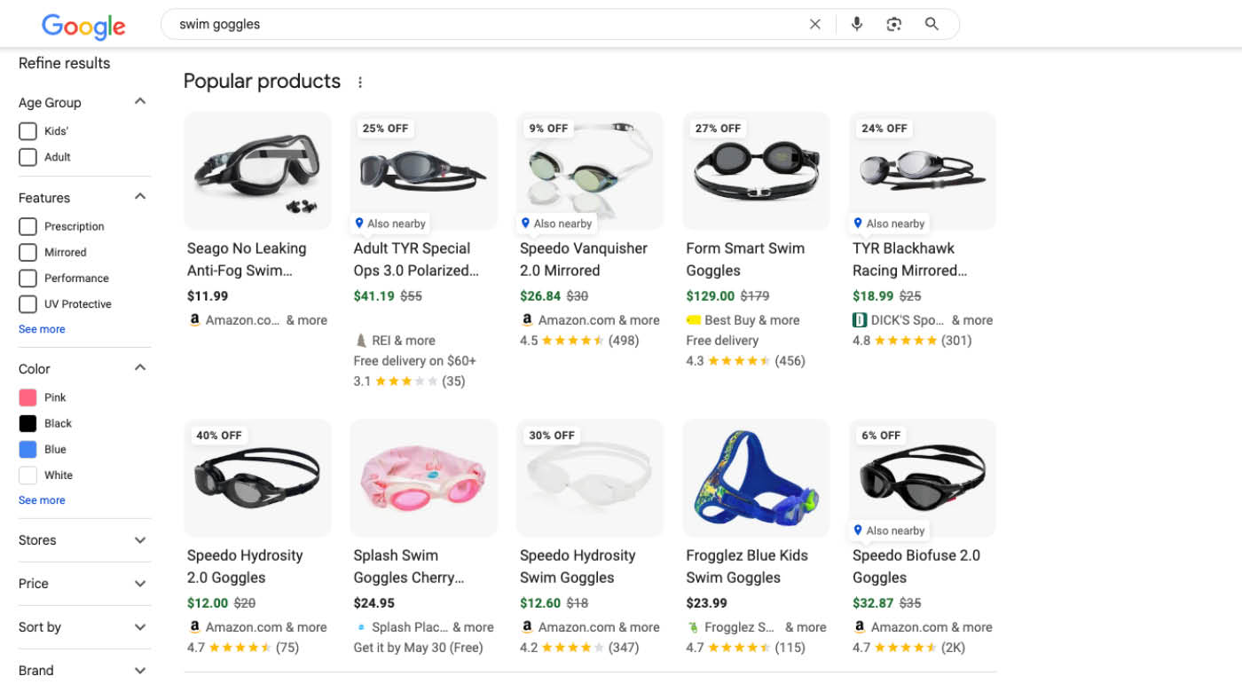 Popular Products Rich Result Swim goggle recommendations displayed in Popular Products panel in Google search results.