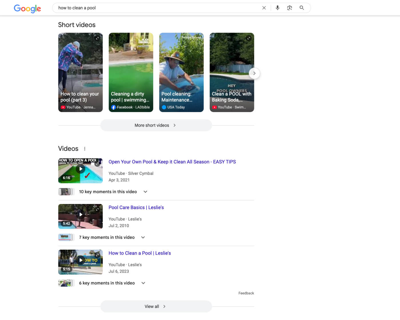 Video Rich Results Video results for How to Clean A Pool search in Google.