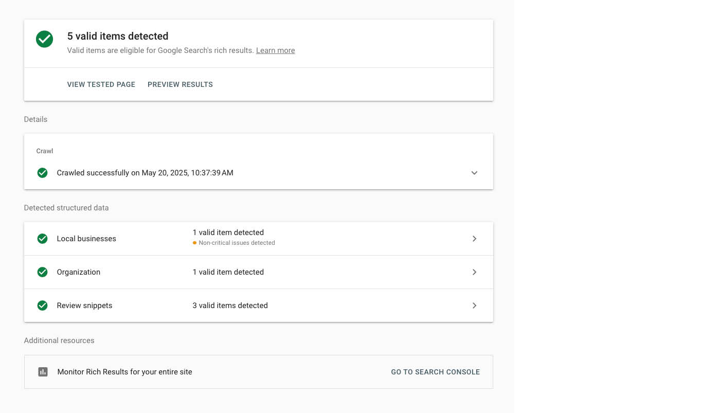 Schema Validator Results Schema validator results revealing green checkmarks and the type of schema detected.