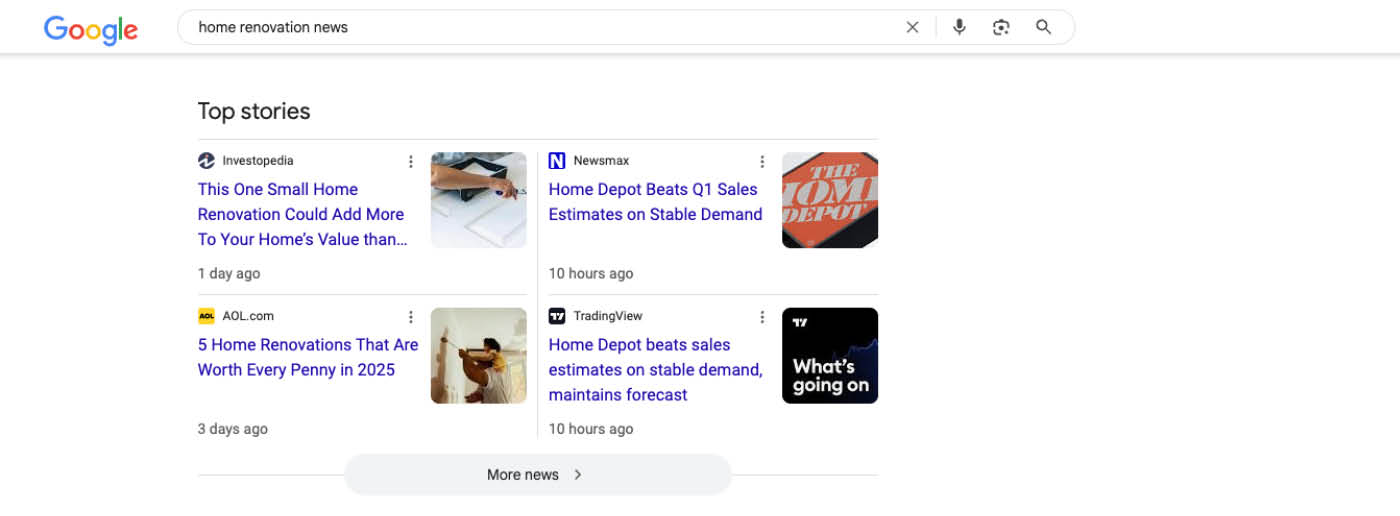Top Stories Rich Result Top stories rich result displaying in Google for home renovation news search.