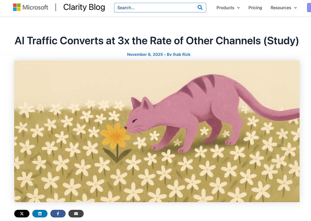 AI Traffic Conversion Study Microsoft Clarity blog post about AI traffic converting 3x higher than other channels.