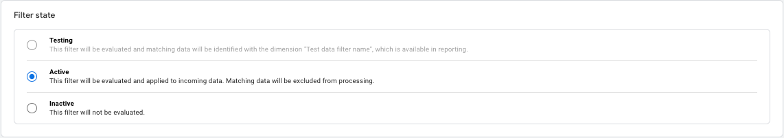 Screenshot of the active filter in GA4.