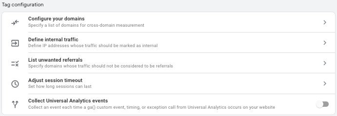 Screenshot of tag configurations in GA4.